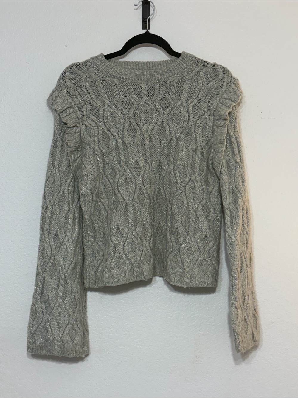French Connection Women’s Large Gray Metallic Cable Knit Ruffle Shoulder Sweater